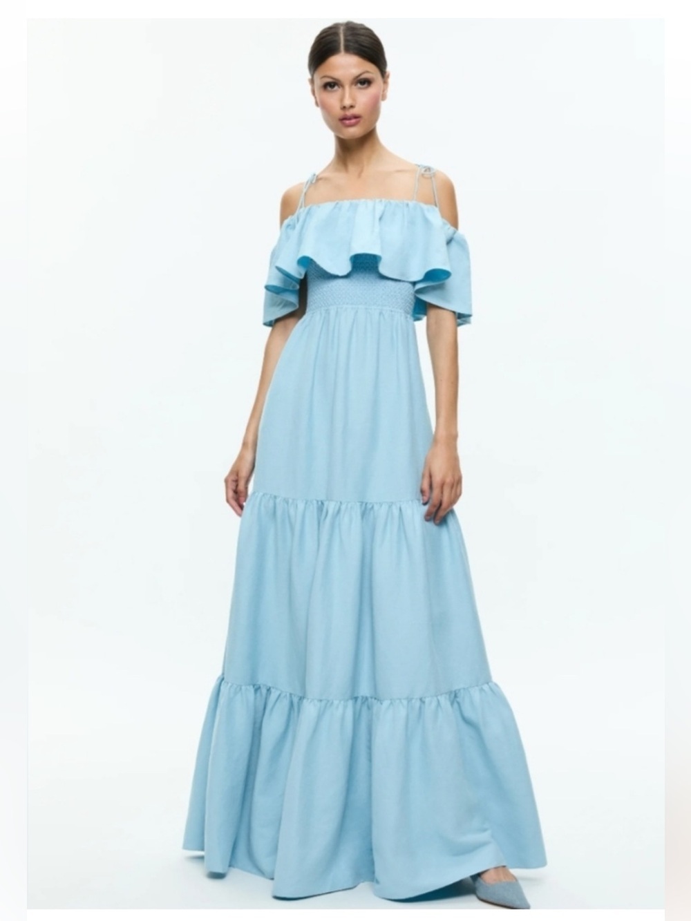 Alice + Olivia Kia Off The Shoulder Tiered Maxi Dress In Mineral Blue